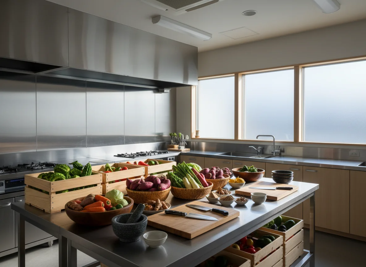 野菜を使った新商品の試作を行うキッチンの調理器具と食材
