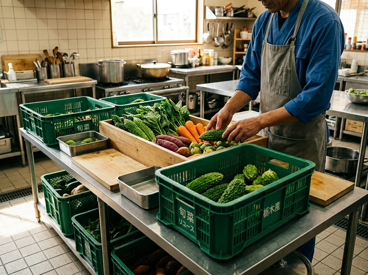 刻んだ野菜を使った惣菜を調理する厨房の手元